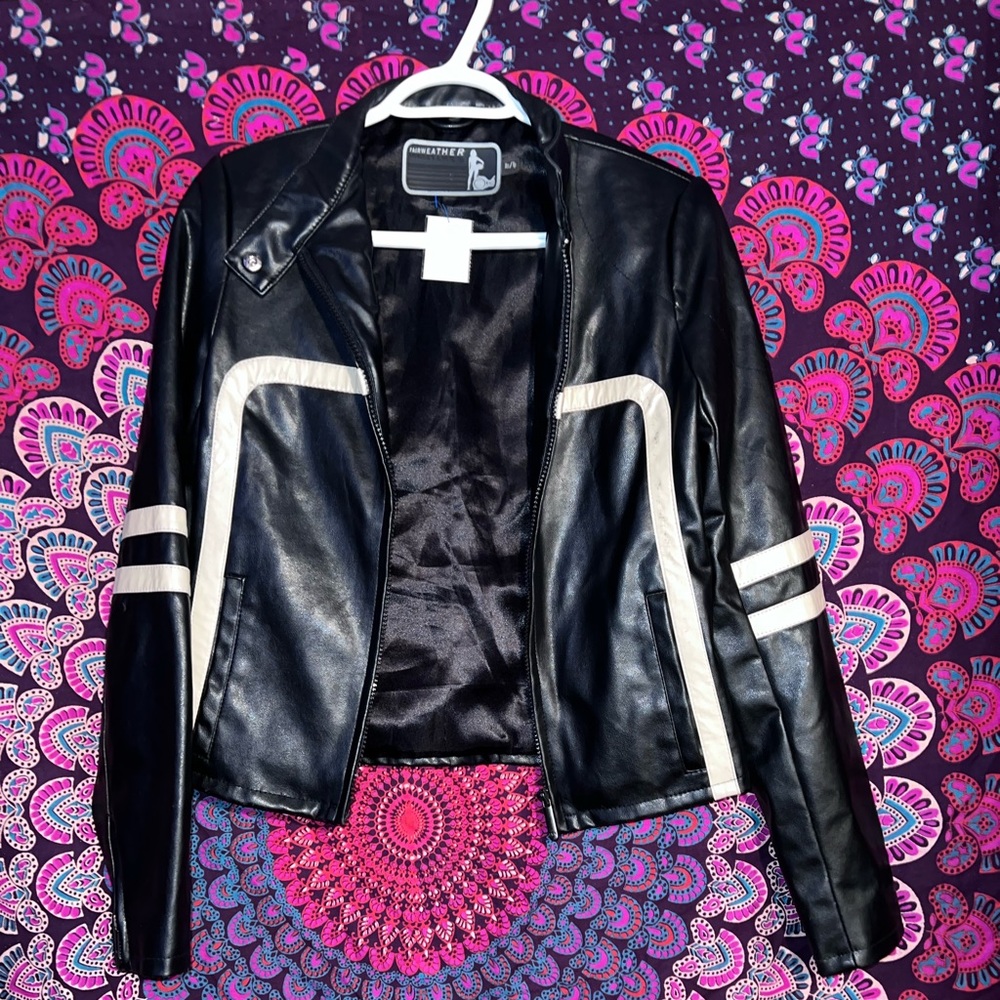 Leather Jacket with White Stripes